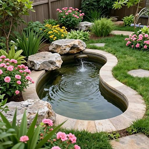 Photograph of a serene garden pond with a small fountain, surrounded by pink flowers, green grass, and large rocks.