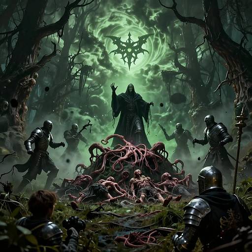 Dark fantasy digital artwork: armored warriors surround a glowing green, demonic figure with tentacles, in a twisted, foggy forest.