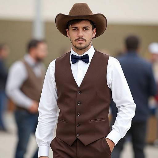 Photograph of a handsome, bearded man with olive skin, wearing a brown vest, white shirt, black bowtie, and brown hat, standing