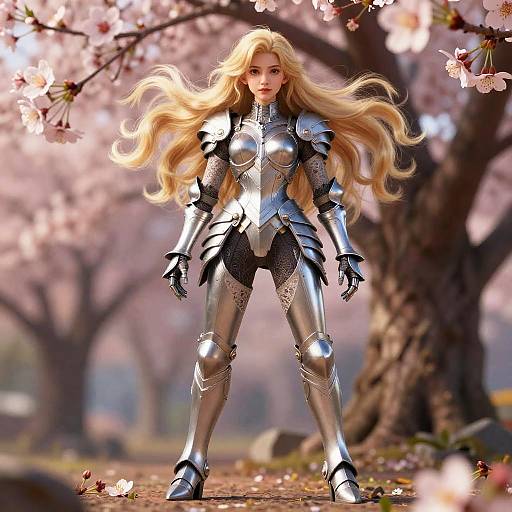 Digital art of a blonde woman in shiny silver armor standing confidently amidst cherry blossom trees, with petals softly falling.