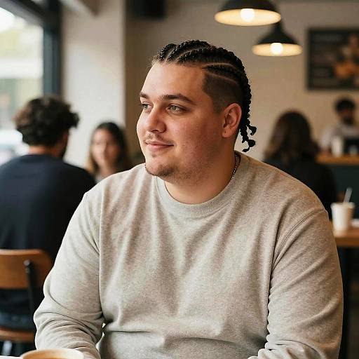 Photograph of a young man with medium brown skin, cornrowed hair, and a light grey sweatshirt, sitting in a cozy cafe with soft