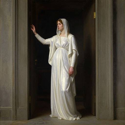 Photograph of a pale-skinned woman in a white, long-sleeved, flowing gown with a veil, standing in a dark doorway, reaching