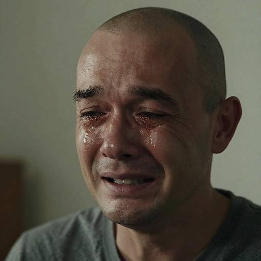 Photograph of a bald, middle-aged man with tear-streaked, red eyes and a weary smile, wearing a gray shirt, against a blurred