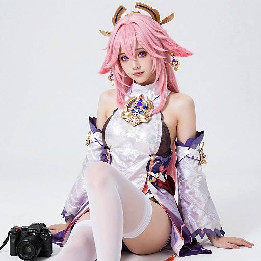 Photograph of a pink-haired cosplayer with horns, white and black dress, thigh-high stockings, holding a camera, white background.