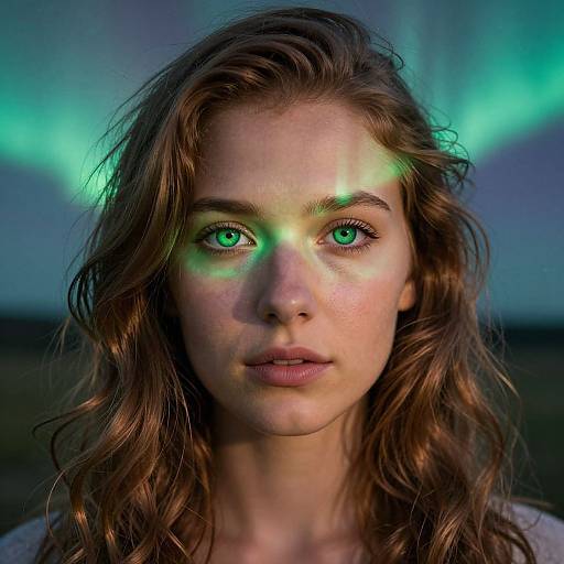 Photograph of a young woman with wavy brown hair, glowing green eyes, and freckles, illuminated by green light in a dark, northern