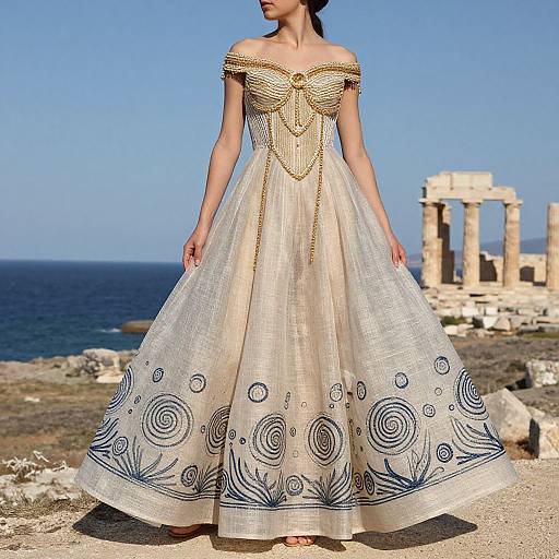 Photograph of a woman in an off-shoulder, white, embroidered Grecian-style dress with blue floral patterns, standing by the sea with