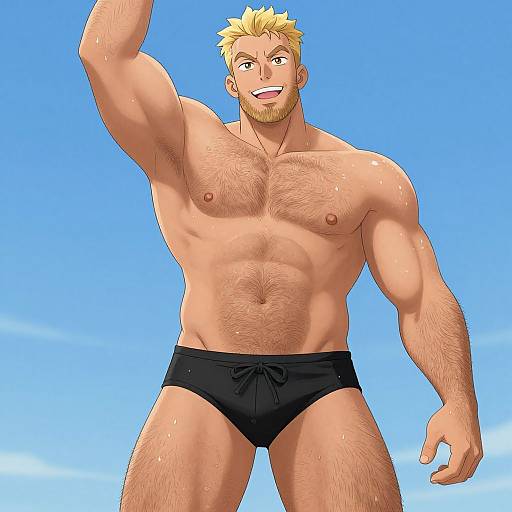Digital anime-style drawing of a muscular, blond, bearded man with light skin, wearing black swim briefs, raising his right arm against a bright