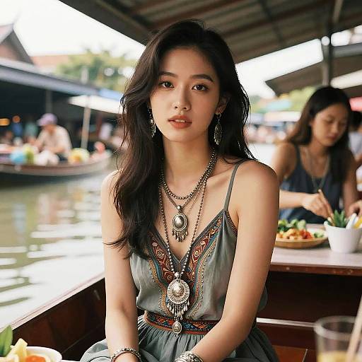 Photograph of an Asian woman with long black hair, wearing a grey, embroidered dress and layered necklaces, sitting at an outdoor riverside cafe,