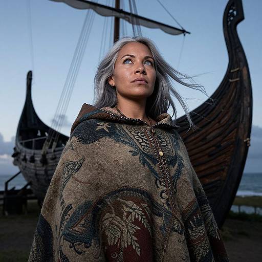 Photograph of a silver-haired woman in a detailed, patterned cloak standing before a Viking ship, with a clear blue sky background.
