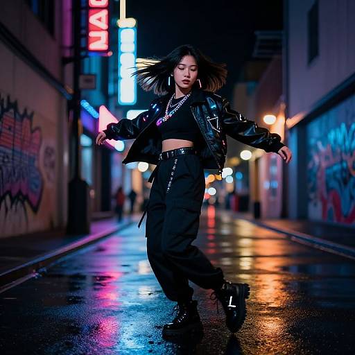 Photograph of an Asian woman with long black hair, wearing a black leather jacket and pants, dancing in a neon-lit, rainy urban alley at