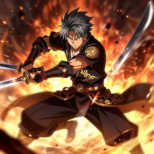 Dynamic anime-style digital drawing of a fierce, black-haired samurai warrior with glowing blue eyes, wielding dual swords amidst intense flames.