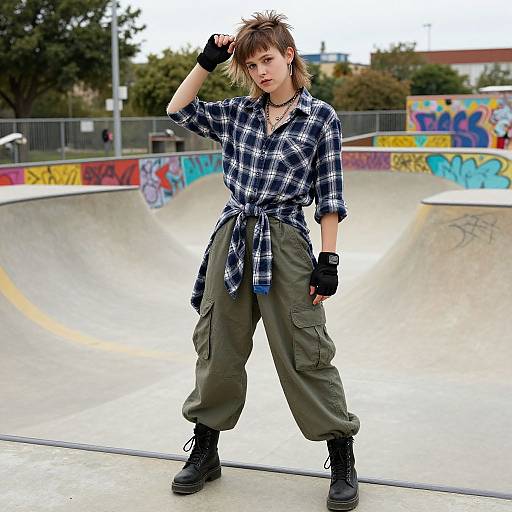 Photograph of a young woman with spiky brown hair, wearing a blue plaid shirt tied at the waist, olive cargo pants, black gloves,
