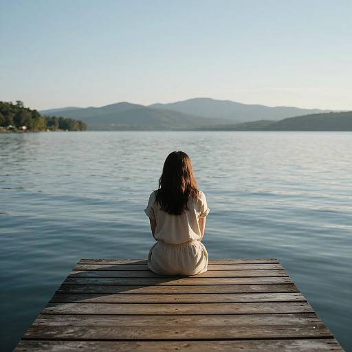 Photograph of a woman with long brown hair, wearing a white dress, sitting on a wooden pier, facing a calm lake with mountains in the distance