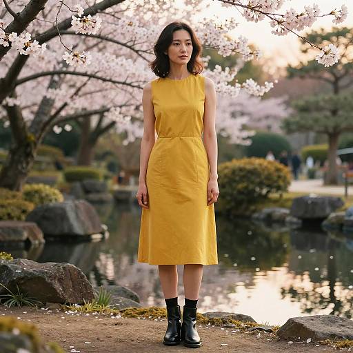 Asian woman in a yellow sleeveless dress and black boots, standing under cherry blossom trees, beside a serene pond at sunset.