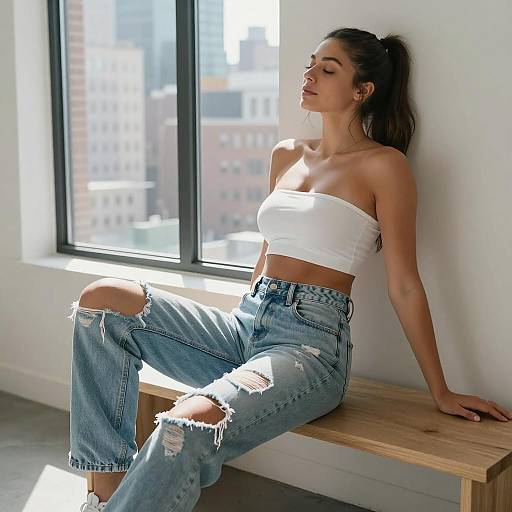 Woman in Bandeau Top and Ripped Jeans Relaxing Indoors