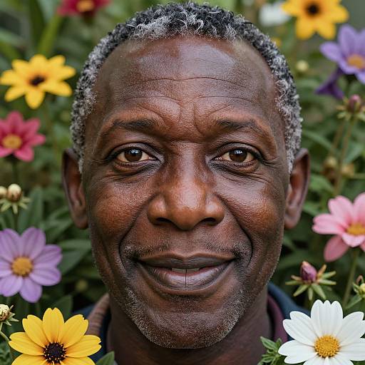 Close-up photograph of a smiling, dark-skinned man with short curly gray hair, surrounded by vibrant yellow, pink, and white flowers.