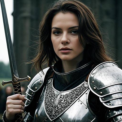 Photograph of a serious, brunette woman in detailed silver medieval armor holding a sword, with a blurred stone castle background.