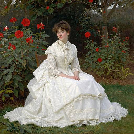 Photograph of a Victorian-era woman in an elaborate white lace dress, seated on grass amidst vibrant red flowers and green foliage.