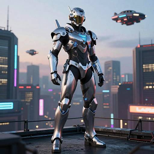 CGI image of a silver, futuristic, humanoid robot standing on a rooftop at dusk, with neon-lit skyscrapers and hovering drones in the