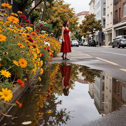 Photograph of a woman in a red dress standing by a street puddle reflecting vibrant yellow and orange flowers, urban street background.
