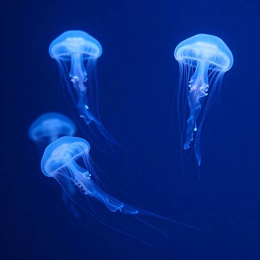 Photograph of four glowing blue jellyfish with translucent, frilled bell shapes and delicate, flowing tentacles against a deep blue underwater background.