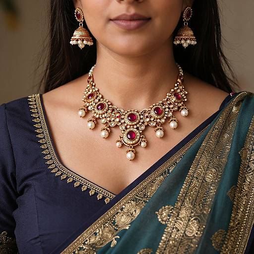 Photograph of an Indian woman with medium skin tone, wearing a black saree with gold embroidery, and ornate gold and red jewelry, including a