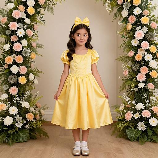 Photograph of a young girl with long dark hair, wearing a yellow dress, bow headband, and white shoes, standing between two floral arches