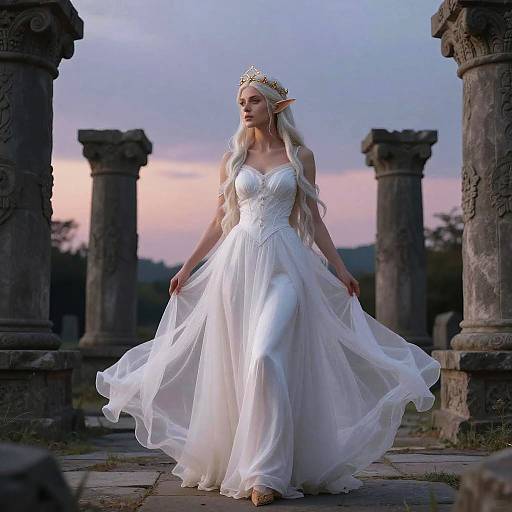 Ethereal elf woman in white, flowing gown and crown, walking through ancient, ruined columns at sunset, photograph.