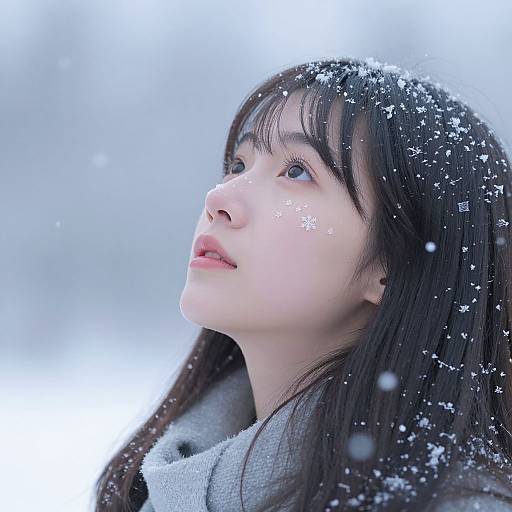 Photograph of a young Asian woman with fair skin, dark hair, and blue eyes, looking upwards into a snowy, white background. Snowflakes