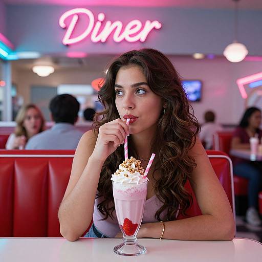 Photograph of a brunette woman with wavy hair, sipping milkshake with whipped cream and nuts, in a retro diner with neon 
