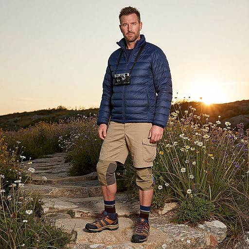 Man Hiking at Sunset with Vintage Camera