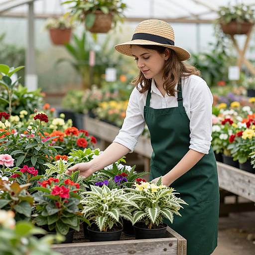 Photograph of a young woman with light brown hair, wearing a straw hat, white shirt, and green apron, selecting colorful potted flowers in