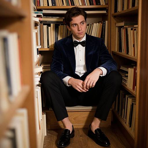 Photograph of a young man with dark hair, wearing a black velvet tuxedo, white shirt, black bow tie, and black shoes, sitting