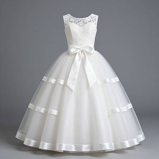 Photograph of a white, sleeveless lace wedding dress with a full, tiered tulle skirt and satin ribbon bow at the waist.