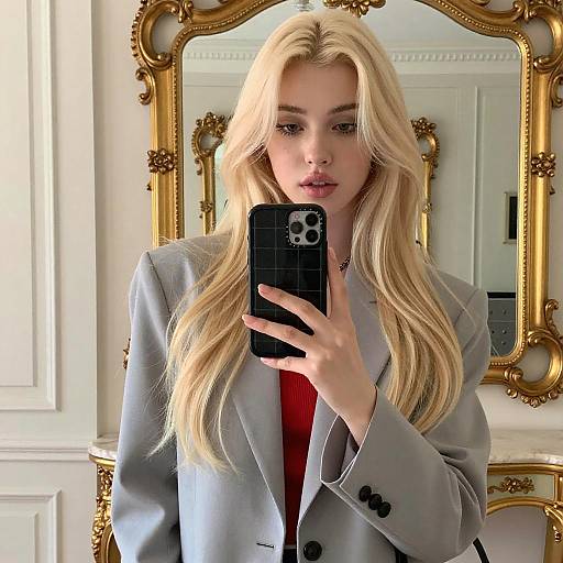 Elegant Woman Beside Ornate Mirror