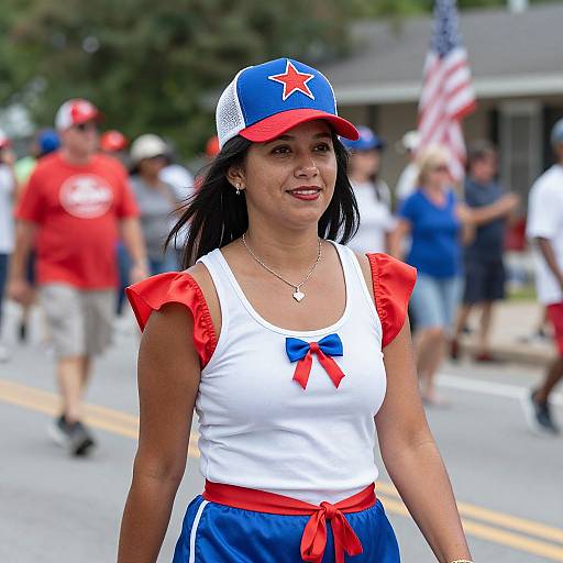Photograph of a Latina woman with dark hair wearing a blue and white baseball cap, white sleeveless shirt with red puffed shoulders, blue shorts,