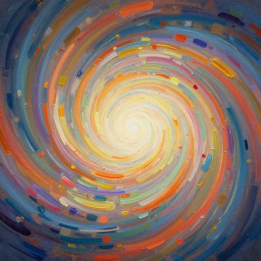 Abstract digital painting of a vibrant, colorful, swirling vortex with a bright central white light, surrounded by red, blue, yellow, and purple streaks