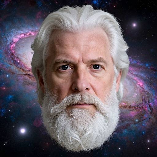 Digital portrait of an elderly white man with a white beard against a vibrant, colorful galaxy background. His expression is calm and contemplative.