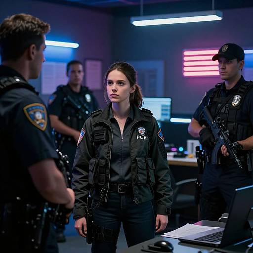 Photograph of serious young female SWAT officer in black uniform standing in dimly lit room with three male officers, neon lights, computer, and paperwork in
