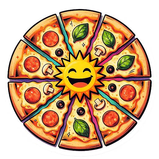 Comic Style Pizza with Smiling Sunburst Center