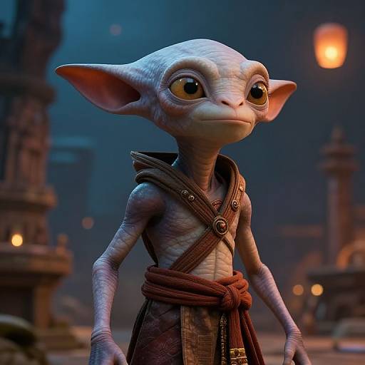 CGI image of a small, blue-skinned, wide-eyed goblin with large ears, wearing brown leather armor, standing in a dimly lit