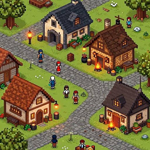 Pixel art village scene with cobblestone paths, four houses, lit windows, lanterns, colorful characters, flowers, and trees. Vibrant,