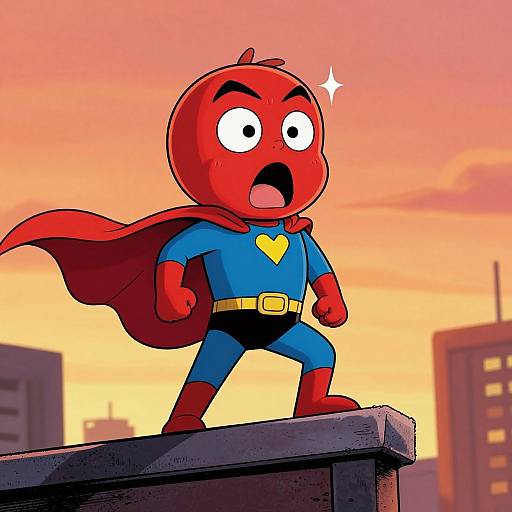 Cartoon red-headed Superboy with wide eyes and open mouth, standing heroically on rooftop at sunset, wearing blue suit, yellow triangle, red cape