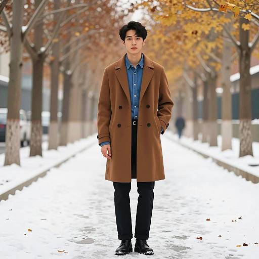 Autumn Fashion: Stylish Man in Snowy Walkway