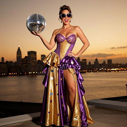 Photograph of a glamorous woman in a purple and gold sequined dress with a high slit, holding a mirror ball, wearing sunglasses, against a sunset