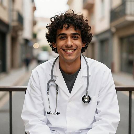 Smiling Doctor on Urban Balcony