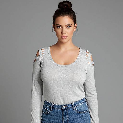 Photograph of a young woman with fair skin, dark hair in a bun, wearing a white, long-sleeve, cut-out top and blue