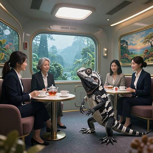 Photograph of four Asian business professionals in formal attire seated in a train carriage, engaging with a large, black-and-white iguana on a table