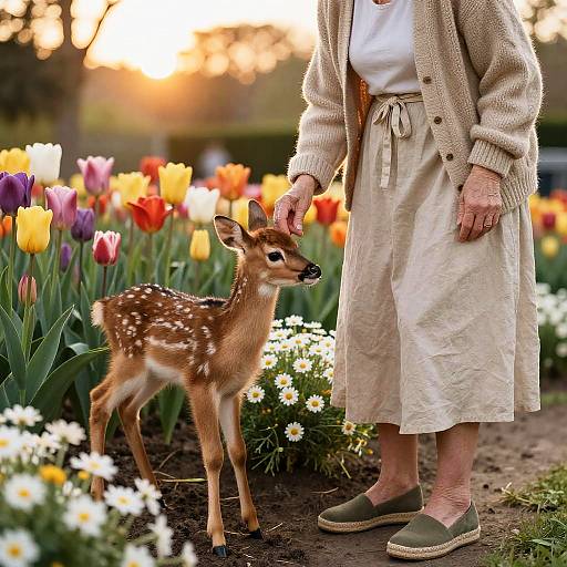 Elderly Woman and Fawn in Sunset Garden