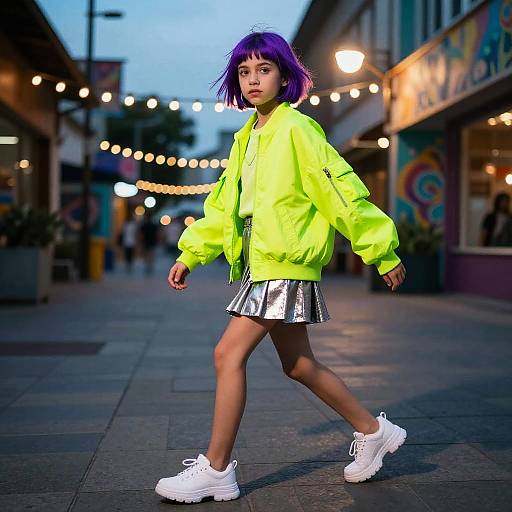 Photograph of a young woman with purple hair, neon yellow jacket, silver skirt, and white sneakers, walking on a twilight urban street.